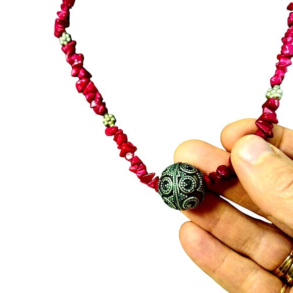Vntg Red CORAL Necklace 17" STERLING SILVER Beads Asian Art Deco Modern Preppy - Picture 4 of 16